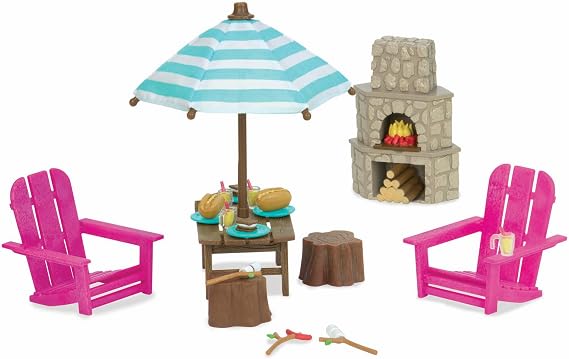 Li'l Woodzeez Toy Patio Doll Furniture Playhouse Accessories 12 Pieces Playset for Figurines Outdoor Patio Set with Table & Chairs Age 3+ Years Encourages Outdoor Role Play