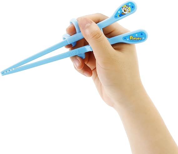 Edison Pororo Training Chopsticks, 2 Step Beginner Learning Chopsticks, BPA-Free Plastic, Korean Food, Japanese Food, Sushi, Dishwasher Safe, Blue, Made in Korea (Right Hand)