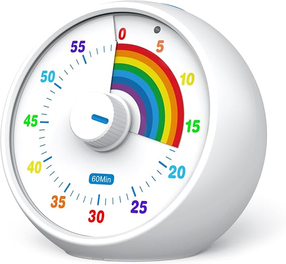Visual Timer for Kids, 60-Minute Countdown for Classroom Office Kitchen, Desk Timer Kids Time Management Tools with Silent Operation, Pomodoro Time Rainbow Pattern (White)
