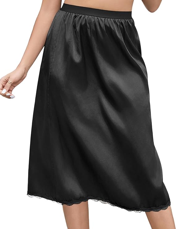 Litherday Half Slip for Under Dress Lace Long Underskirt Elastic Waist Satin Midi Skirt