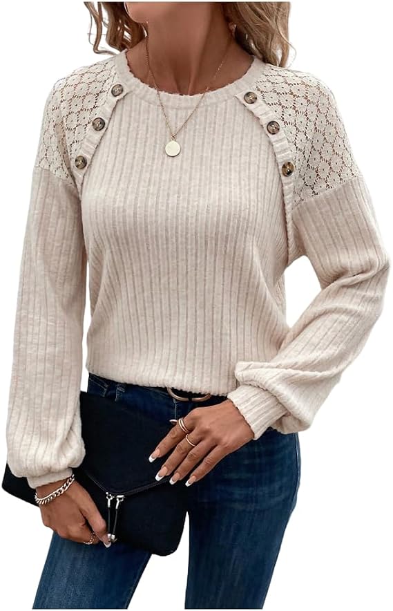 Irsutey Women's Solid Color Tops Lace Patchwork Long Sleeve Crew Neck Casual Loose Blouses Plus Size Trendy Sweatshirt