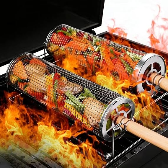 2 Pcs Rolling Grill Basket, 304 Stainless Steel Rolling Barbecue Utensils Tool with Removable Wooden Handles, BBQ Accessories Tools for Outdoor Cooking Camping Birthday Gifts for Men Dad Husband