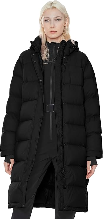 Orolay Women's Long Down Jacket Detachable Hooded Puffer Jacket Winter Warm Down Coat with Hem Slit