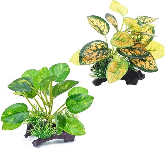 2PCS Reptile Artificial Plants, Terrarium Plants Decorations Supplies, Amphibian Habitat Hideout Tank Accessories(Green+ Yellow)