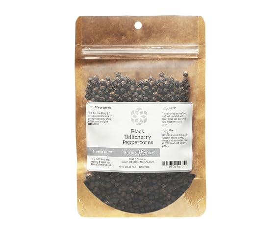 Savory Spice Black Tellicherry Peppercorns - Whole Tellicherry Black Peppercorns for Pepper Grinder Refills | Tellicherry Peppercorn Mix (1/2 Cup Bag - Net: 2.1 oz)