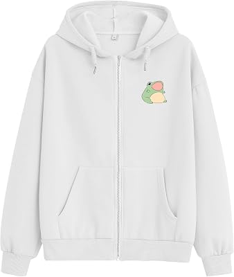 KEEVICI Cute Frog Crop Zip Up Hoodie Girls Kawaii Clothes Cottage Core Aesthetic Sweatshirt E Girl Cotton Jacket with Pockets