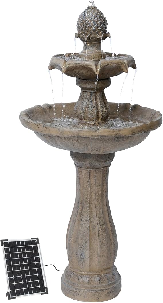 XBrand 44" Solar Powered Outdoor 2-Tier Cascading Water Fountain, Fiberglass Resin Garden & Patio Solar Fountain, Beige