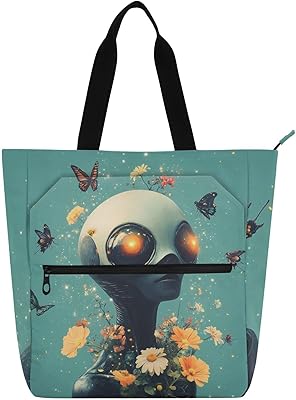 Decorative Kid Tote Bag for Kids Women Men, Cartoon Aliens Science - Fiction and Fantasy Style Water-resistant Reusable Book Bag Grocery Bag with Zipper for School Shopping Grocery Rainbow