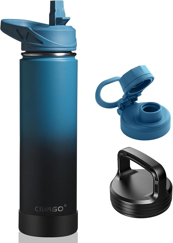 CIVAGO 24 oz Insulated Stainless Steel Water Bottle With Straw and 3 Lids