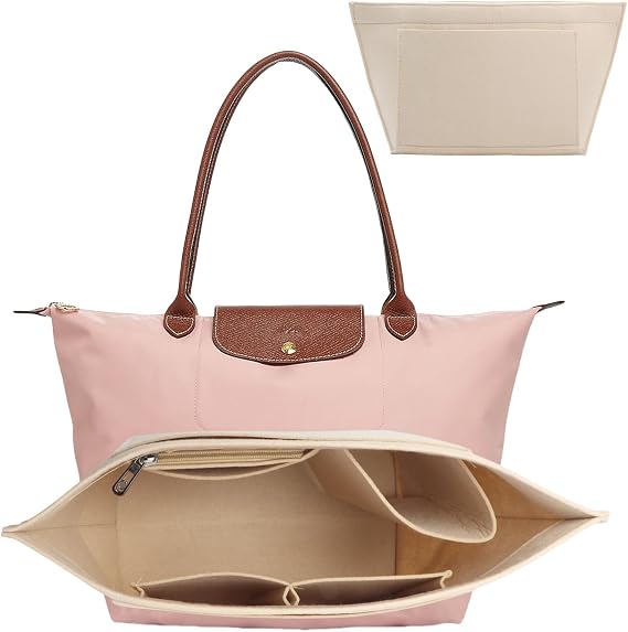 Bag Insert Organizer, Handbag Organiser Insert, Multi-Pocket Felt Handbag Organizer With Zipper for Insert Wallet Organizer, Folding Tote Bag Organizer Insert for Longchamp (Beige, L)