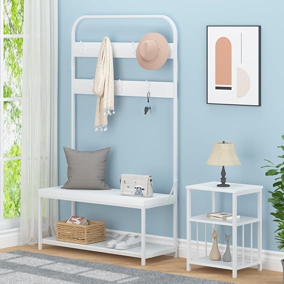 IBF Entryway Bench With Coat Rack, White Hall Tree With Shoe Storage, Modern Organizer for Bedroom, Metal and Wood Tree With Shelf and Hooks, White Oak, 70 In