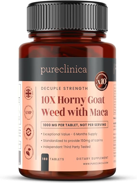 pureclinica Horny Goat Weed & Maca 1000mg 180 Tablets (6 Month Supply) 10X Icariins Strength w/Black Pepper for 300% Absorption Energy, Libido & Performance Support