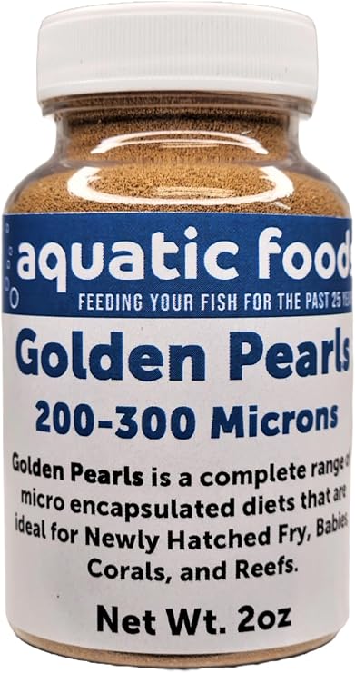 Golden Pearls 200-300 Micron Size for Fry, Babies of Shrimp, Axolotls, Discus, Cichlids, Catfish, Tetras, Angel Fish, Guppies, Bettas, Goldfish, Corals, Reefs...2oz Bottle