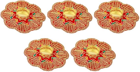Aditri Creation Set of 5 Mat Aasan Rangoli with Tea Light Candle Holder T-Light Stand for Home Made up of Velvet Cloth Golden Embroideries for Festival New Year Gifts Home Decor (Size:-5")(Red)