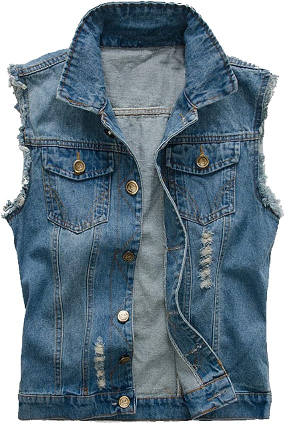 Mens Denim Gilet Ripped Vintage Casual Biker Vest Motorcycle Coat Cowboy Sleeveless Vest Jacket