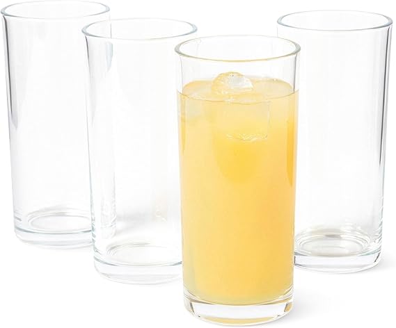 Amazon Basics Drinking Glasses, 15 oz., Sturdy Glass, Rounded for Comfortable Hold, Dishwasher-Safe, Round Shape, 4-Piece Set
