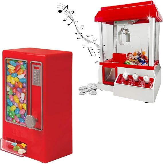 Candy Grabber & Vending Machine Bundle - For Kids Parties, Retro Fun Arcade Claw Crane Game Dispenser Grab Gadget Prize | For Treats, Chocolate, Sweets | 24 Coins, Novelty Gift For Xmas Party