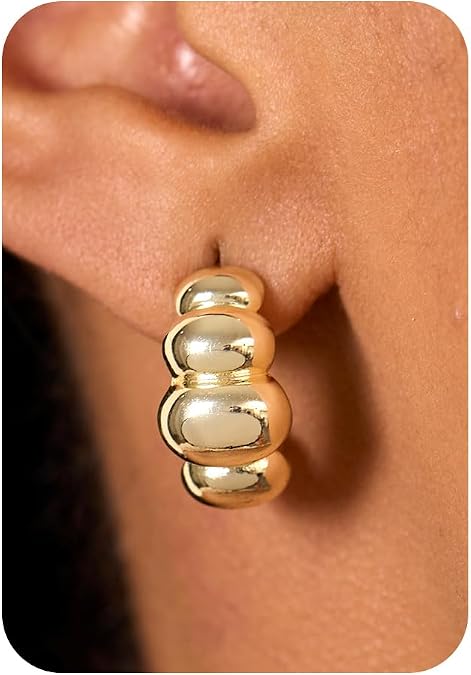 LLWOM Gold Hoop Earrings for Women-14k Gold Plated Thick C-hoop Earrings Hypoallergenic Lightweight Hoops Gifts