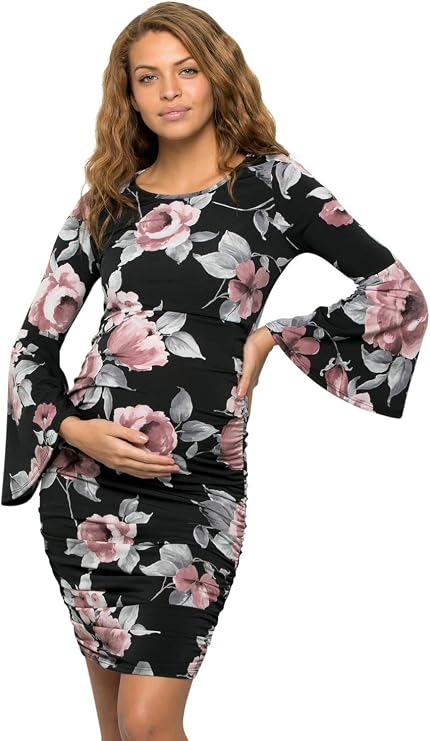 My Bump Women's Maternity Dress - Printed Fitted Stretch Bell Sleeve W/Ruched