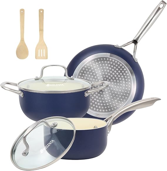 M MELENTA Pots and Pans Set Non Stick, 7 Piece Induction Hob Pan Set