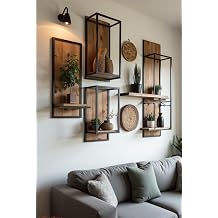 4'Lü Duvar Rafı Dekoratif Metal Modern Duvar Ünitesi Salon, Oturma Odası Duvar Rafı Ahşap, Metal