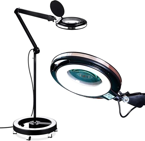 Brightech Lightview Pro Magnifying Glass with Stand & Light, Magnifying Floor Lamp with 6-Wheel Rolling Base for Facials & Lashes Dimmable LED Work Light for Crafts, Sewing, and Projects - 5 Diopter