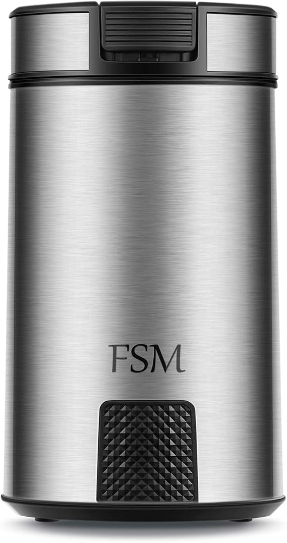 FSM Electric Coffee Grinder and Spice Mill with Safety Lock System Rustproof Stainless Steel with Transparent Lid and Gripping Base Grind Whole Beans, Seeds, Nuts, Herbs and Flaxseed -1.76 Oz.