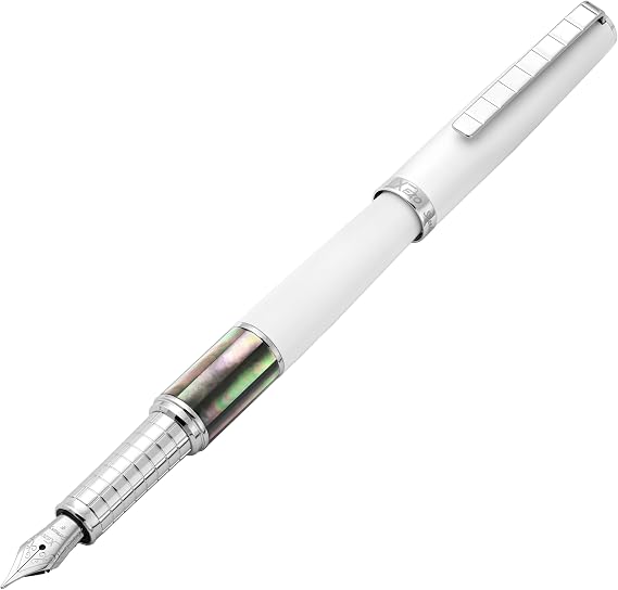 Xezo Speed Master Fountain Pen, Fine Nib. Matte White Color with Tahitian Black Mother of Pearl. Chrome Plated. Lightweight Brass Body. No Two Alike. Etched With a Serial Number
