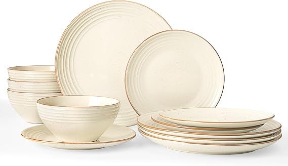 Richmount Jupiter Plates and Bowls Set, Reactive Glaze Dinner Set for 4, 12 Pieces Stoneware with Gold Rim, Scratch Resistant Dinnerware Service for 4, Microwave & Dishwasher Safe, Cream White | Dinner Plates, Dessert Plates and Breakfast Bowls Set - Microwave and Dishwasher Safe