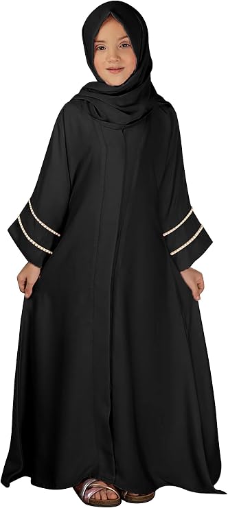 IKADEX Kids Girls Muslim Abaya Dress Modest Pearl Sleeve Cardigan Kaftan + Chiffon Hijab Islamic Ramadan Prayer Clothes