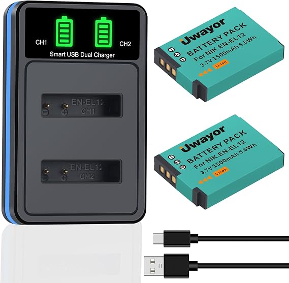 EN-EL12 Battery and Dual Charger for Nikon S9900 S9700 S9500 S9300 S8200 S8100 S8100 S6300 S6200 S6100 S6000 A1000 A900 P340 P330 P300 AW130 AW120 AW100 B600 and More Cameras