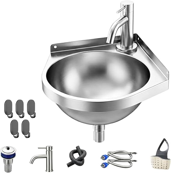Stainless Steel Corner Sink with Cold/Hot Faucet,Space Saving Basin Sink | Wall Mounted Triangular Basin,Triangular Wall Mount Bathroom Sink,Compact Hand Wash Basin for Kitchen/RVs/Bathroom/Toilet
