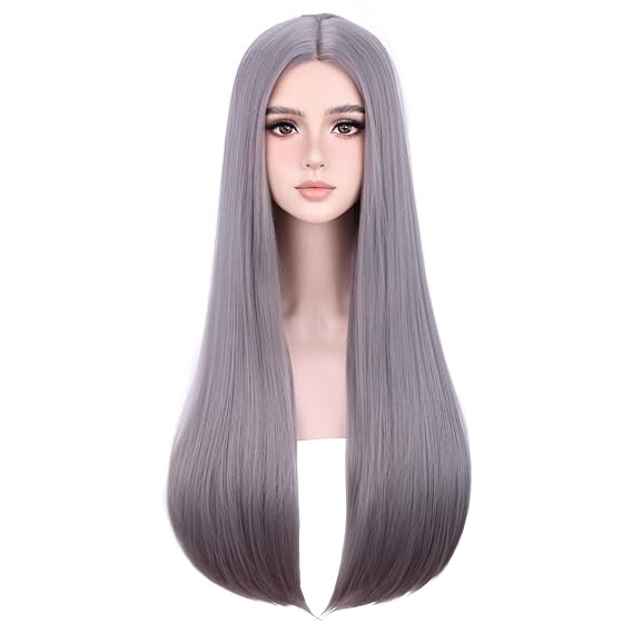 BERON 25 inches Silky Long Straight Wig Charming Women Girls Straight Wigs for Cosplay Party Daily Use Wig Cap Included (Silver Grey)