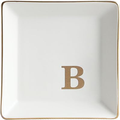 COLLECTIVE HOME - Ceramic Jewelry Tray, Monogram Decorative Trinket Dish for Rings Earrings Necklaces Bracelet Watch Keys, Birthday Mothers Day Christmas Gift for Women, 4 x 4 B