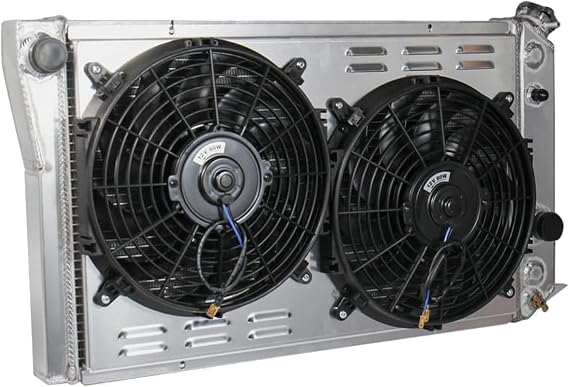 3 Row Aluminum Radiator + 2pcs 12" Slim Push Pull Cooling Fan Compatible with 1982-2002 Chevy S10/S-10 Blazer V8 Conversion 1984-1990 Corvette