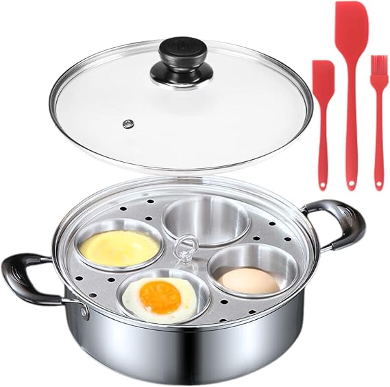 Egg Poacher Pan - 4 Poached Egg Cups, Poached Egg Cooker, Stainless Steel Egg Poaching Pan with Silicone Spatula
