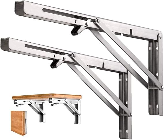 Folding Shelf Brackets, Heavy Duty Stainless Steel Collapsible DIY Wall Mounted Shelf Bracket, Max Load: 150 lb, for Table Work Bench Space Saving, Pack of 2 (8 Inch, Stainless Steel)
