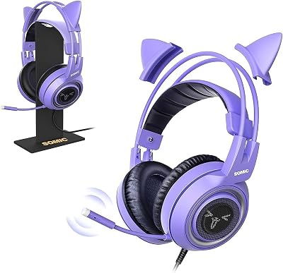 SOMIC G951S Purple Stereo Gaming Headset and Black Headphone Stand for PS4, PS5, Xbox One, PC, Mobile Phone, 3.5MM Sound Detachable Cat Ear Headphones