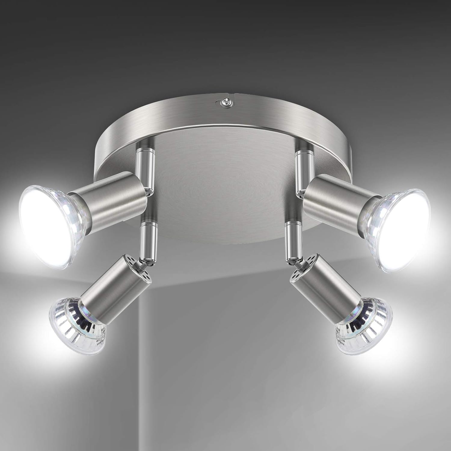 LED Ceiling Light - Rotatable 4-Way Round Plate Spot Lights, ø110mm With 4x4W GU10 Bulbs 450LM, Cool White for Kitchen, Living Room - Matt Nickel [Energy Class E]