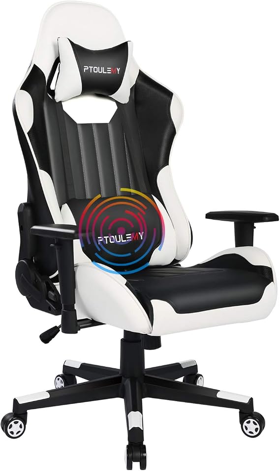 Massage Gaming Chair Big and Tall Video Game Chair Heavy Duty 360 Swivel Ergonomic Computer Gamer Chair Racing Style 90°-180° Adjustable High Back Headrest and Lumbar Support (White)