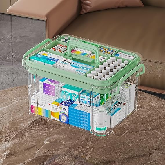 Medicine Storage Box, Medicine Container Box, First Aid Box Household Medicine Container For Medicine Storage, 2-Layer Multi Grid Medicine Box, Portable with Lid Medication Storage Box (S)