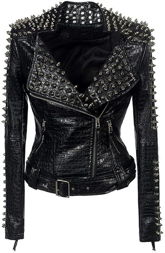 Faux Leather PU Jacket Punk Rivet Women Motorcycle Leather Coat Outerwear Punk Biker Coat 1 XXL