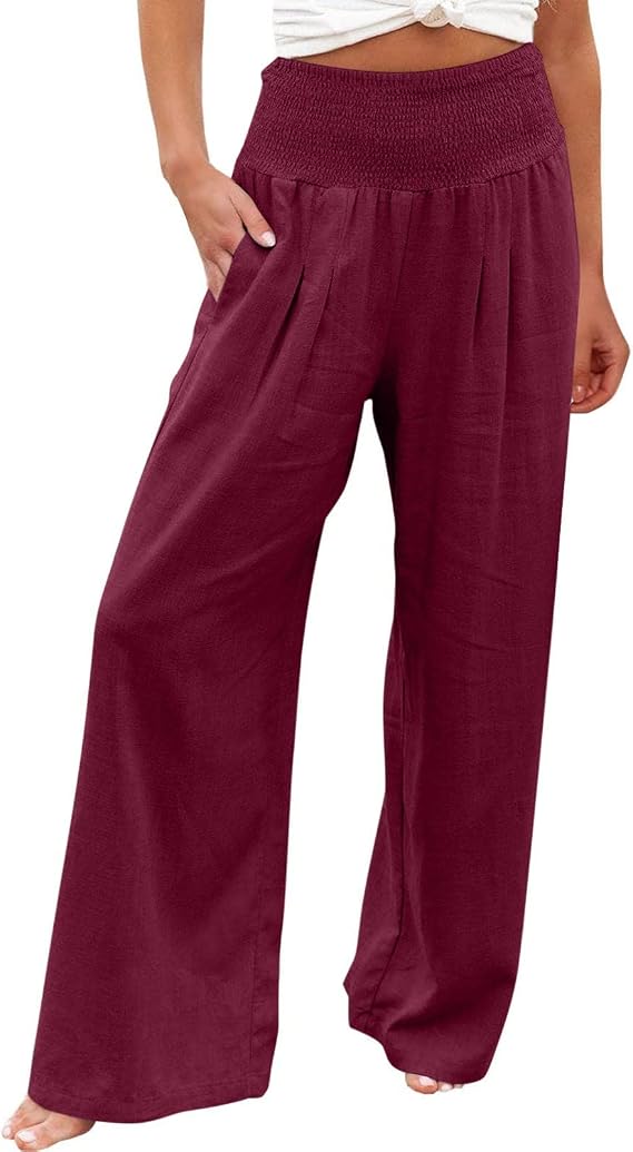 LRMQS Linen Wide Leg Pants Women Summer Casual Drawstring Elastic High Waist Trousers Resort Wear Beach Trendy Palazzo Pant