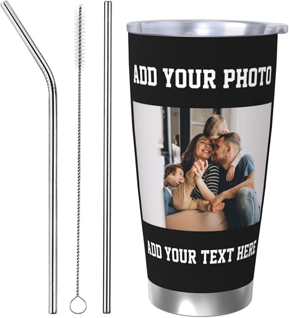 Custom Tumbler with Your Photo Text, Insulated Tumblers Coffee Tumbler with Lid and Straw Cups Stainless Steel Water Cup Travel Mug, 20oz Tumbler, Personalized Gifts