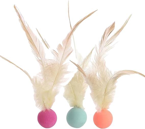 Ball cat Toy，Interactive Feather Ball Toy Set for Cats，Bouncy Balls with for Cats， Elastic Balls for cat (Orange, Blue, Purple (3-Pack))