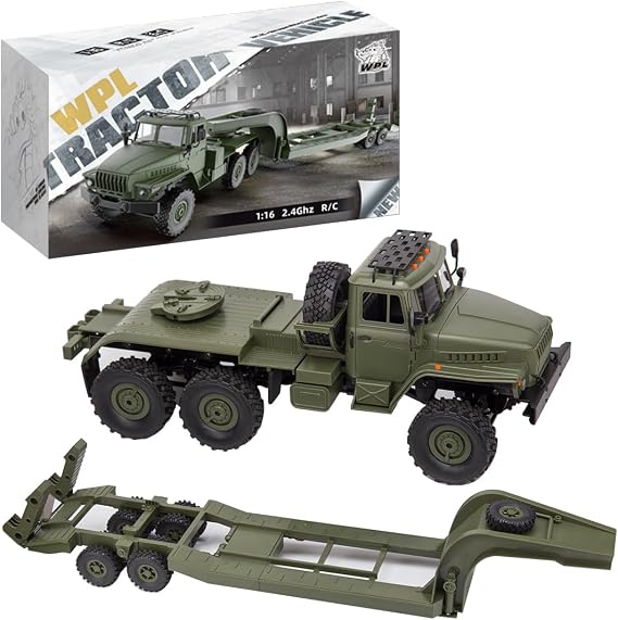 WPL B36-3 1/16 RC Military Trailer with LED Headlights, 2.4G Full-Proportional 4WD RC Off-Road Truck, Gifts for Electric Car Model Enthusiasts (Two Batteries)