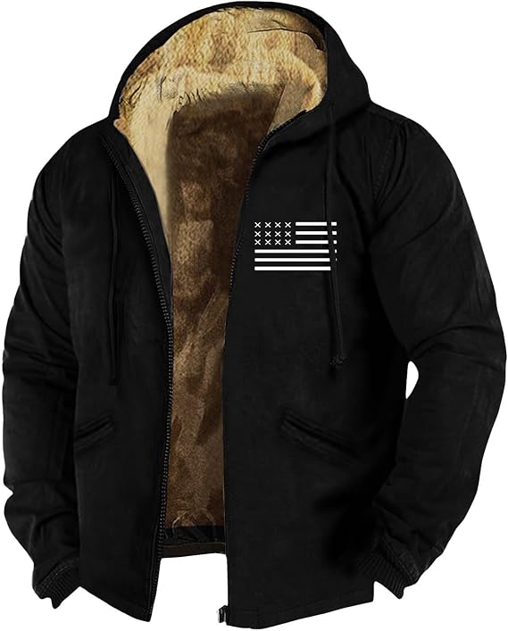 Winter Jackets For Men Patterned Print Fleece Lining Winter Jackets Full Zip Up Combat Jacket With Pockets Thick Thermo Army Jacket Basic Outdoor Jackets Sherpa Jackets