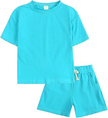 KISBINI Toddler Kids Plain Short Sleeve T-Shirt and Shorts Set Unisex Cotton Summer Outfit Clothes for Little Boys or Girls