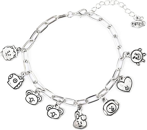 Bts Bracelets, Kpop Bracelets for Womens, Adjustable Stainless Steel Chain Charm Bracelet with Adorable Cartoon Character Pendants, Fashion Bts Jewellery Gifts for Fans