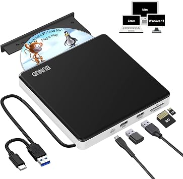 BUNUD External CD DVD Drive: CD Burner Reader Writer SuperDrive with USB 3.0 & Type C Port and TF/SD Slots - Plug & Play DVD Player for Laptop PC Mac Windows 11 Linux